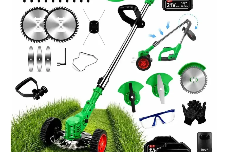Roçadeira a bateria 21V com kit de rodas, baterias e múltiplas lâminas