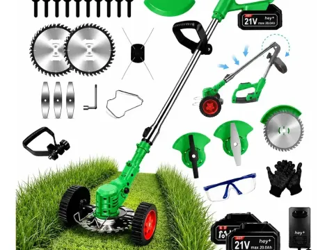 Roçadeira a bateria 21V com kit de rodas, baterias e múltiplas lâminas