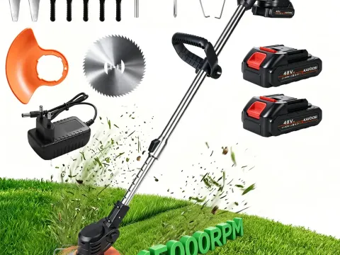 Roçadeira a bateria portátil 48V laranja com baterias e kit de lâminas
