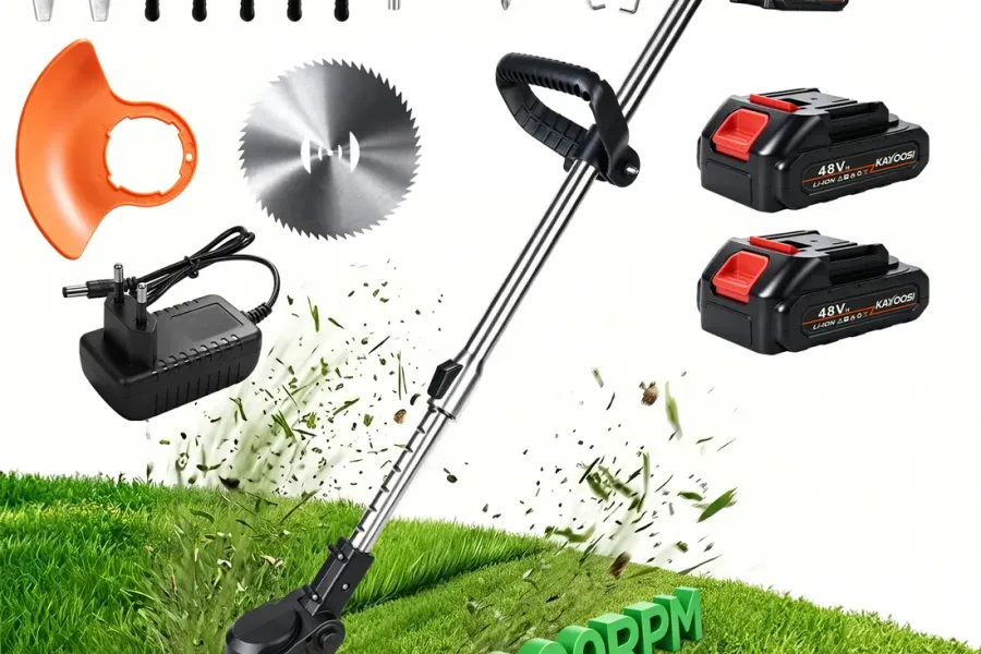 Roçadeira a bateria portátil 48V laranja com baterias e kit de lâminas