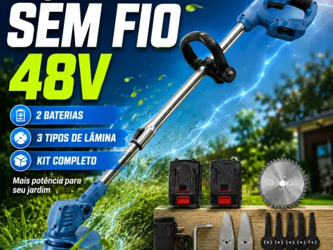 Roçadeira a bateria 48V guidão borboleta com 2 baterias e kit de lâminas