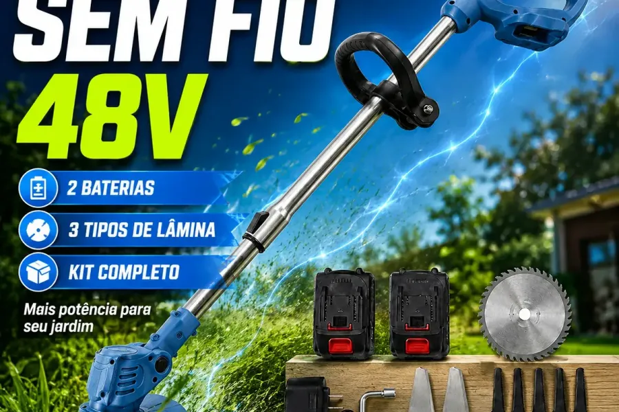 Roçadeira a bateria 48V guidão borboleta com 2 baterias e kit de lâminas