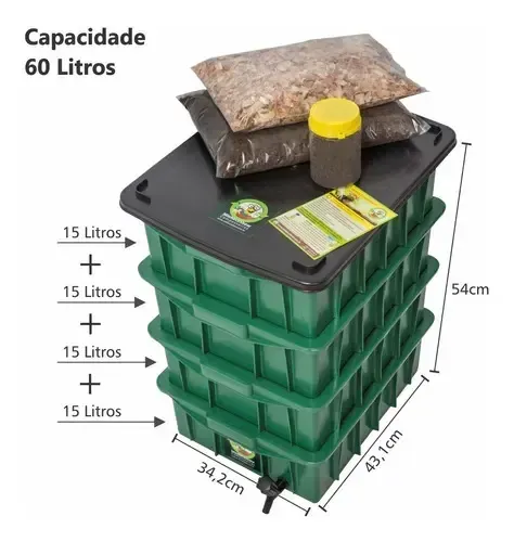 Composteira MinhocoShow 60L com as dimensões e os 4 módulos empilháveis de 15 litros cada