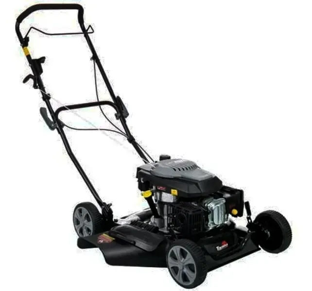 Cortador de grama Toyama TLM510SM-60L visto em ângulo, mostrando o guidão e o motor