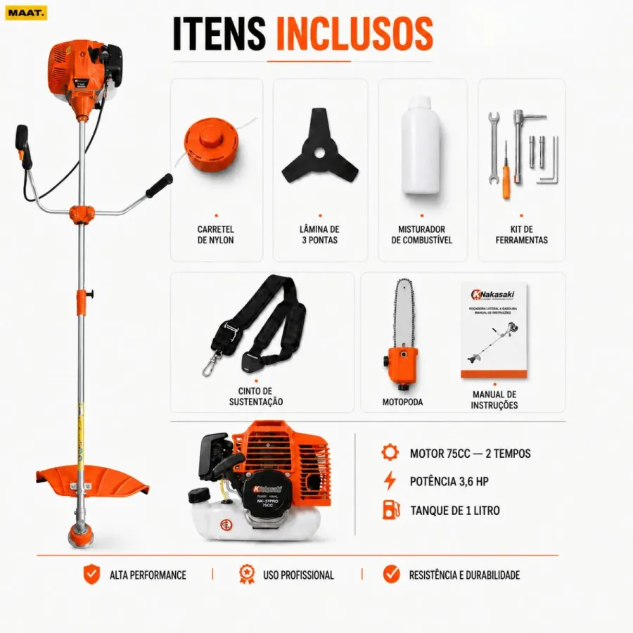 Itens inclusos no kit da roçadeira Knakasaki 75cc: carretel de nylon, lâmina de 3 pontas, misturador de combustível, kit de ferramentas, cinto de sustentação, motopoda e manual de instruções