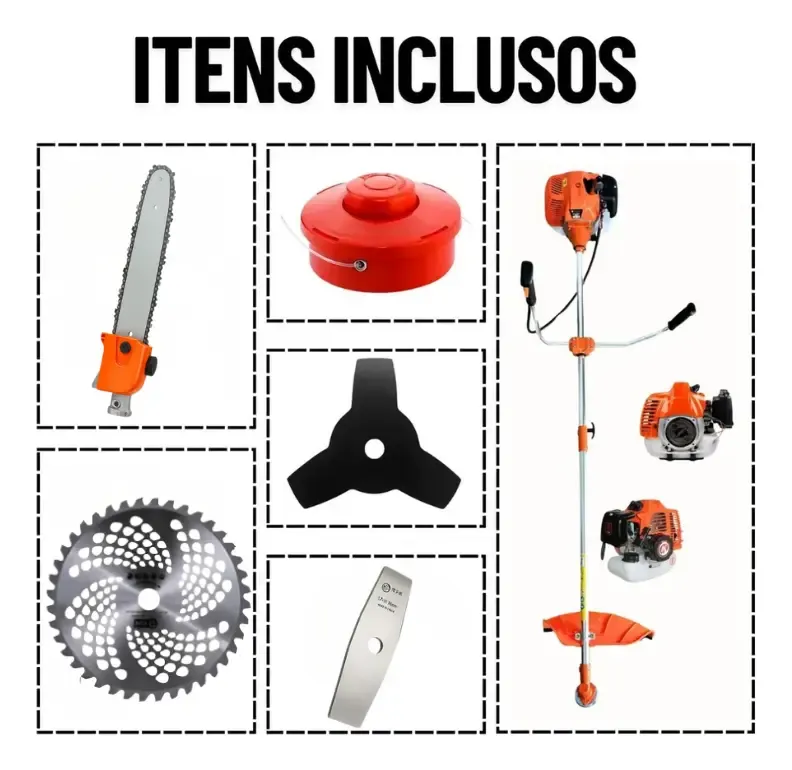 Itens inclusos no kit da roçadeira Nakasaki NK750PRO: motopoda com lâmina de serra, carretel de nylon, disco de corte e lâmina de metal
