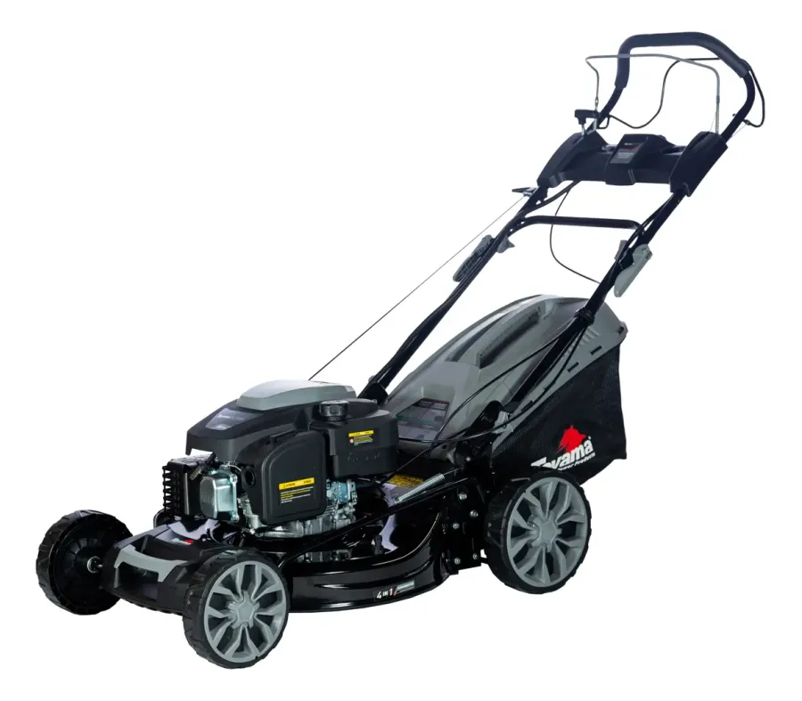 Cortador de grama Toyama TLM560TRMSE-75XP visto em ângulo, com cesto coletor