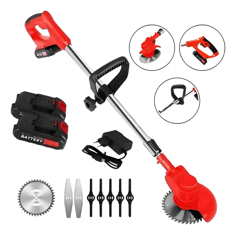 Roçadeira a bateria Knakasaki 36V desmontada, mostrando corpo, baterias, carregador e o kit completo de lâminas