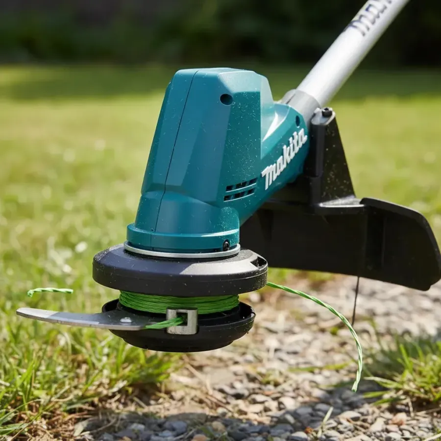 Detalhe do cabeçote com carretel de nylon e lâmina de corte da Makita DUR192LZ