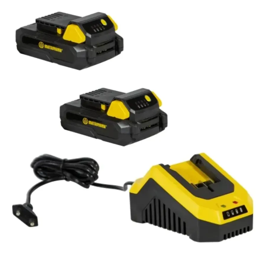 As 2 baterias de 20V/4Ah e o carregador bivolt inclusos no cortador de grama Matsuyama 20V