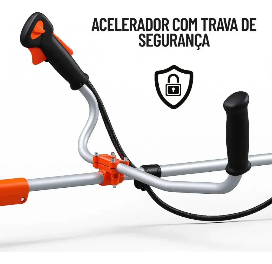 Diagrama da roçadeira Nakasaki NK750PRO mostrando motor 75cc, tanque de combustível, acelerador com trava e tubo bi-partido
