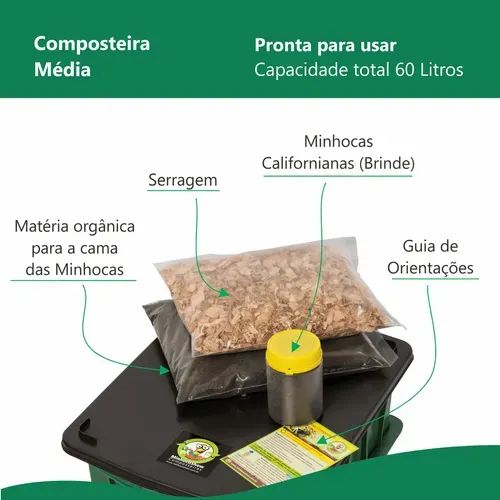 Itens do kit da composteira MinhocoShow: serragem, minhocas californianas e guia de orientações
