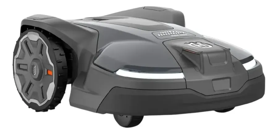 Robô cortador de grama Husqvarna Automower 430X NERA visto em outro ângulo, mostrando a roda